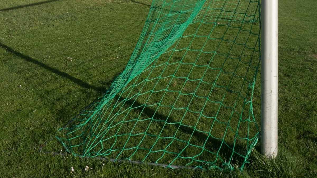 Goal net closeup on a grass pitch in evening light